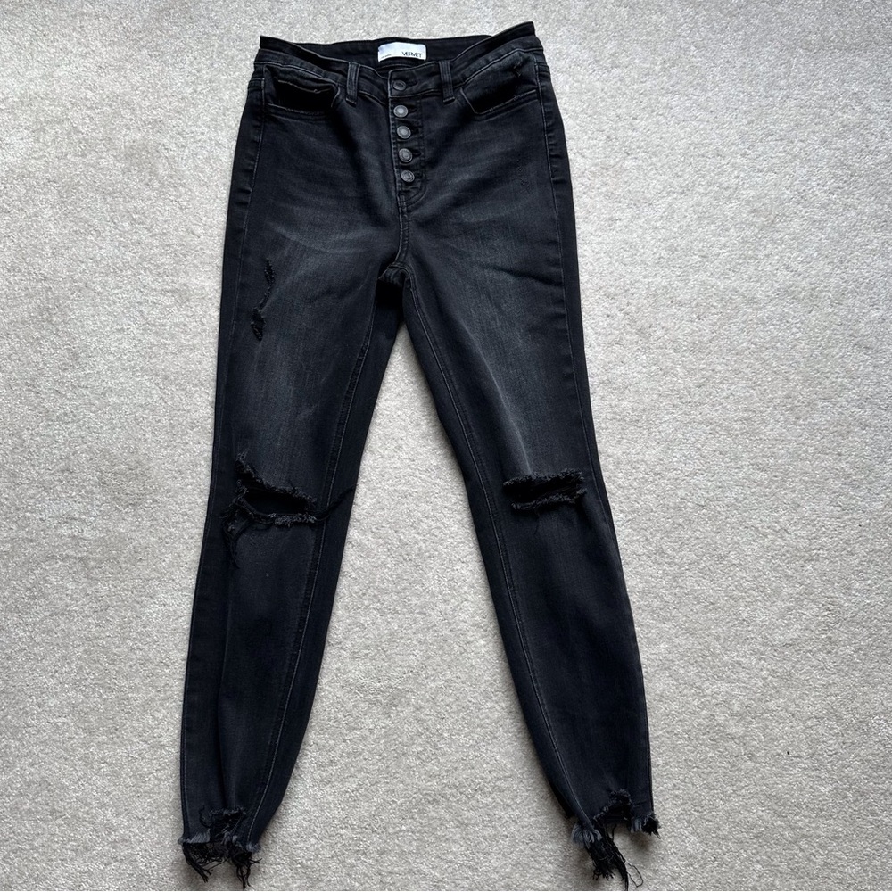 Vervet Distressed Raw Hem Black Jeans